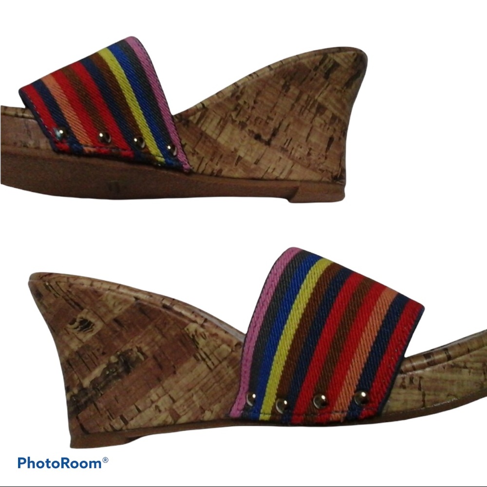 Y2K Vintage Multicolor Rainbow Woven Silver Stud Canvas Cork Espadrille Wedges